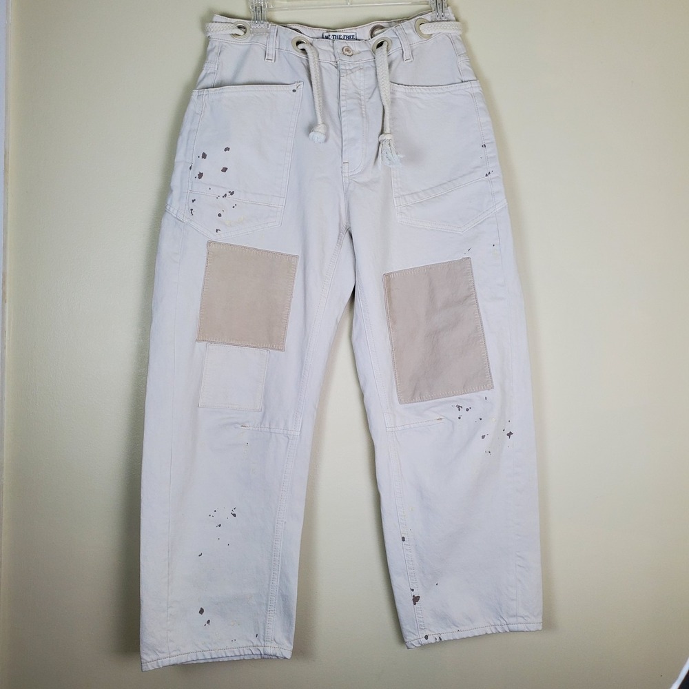 We The Free People Moxie Paint Splatter Barrel Jeans Cargo Utility 26 Ivory
